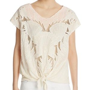 Free People  Beige Tie-Front Eyelet V-Neck Blouse